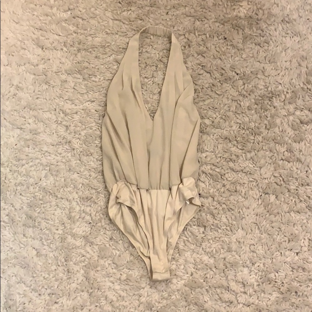 cream halter body suit with open back